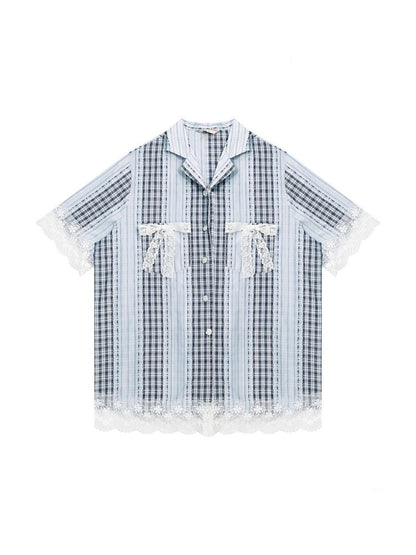 Patchwork Lace Bow Striped Plaid Short Sleeve Shirt【s0000013019】