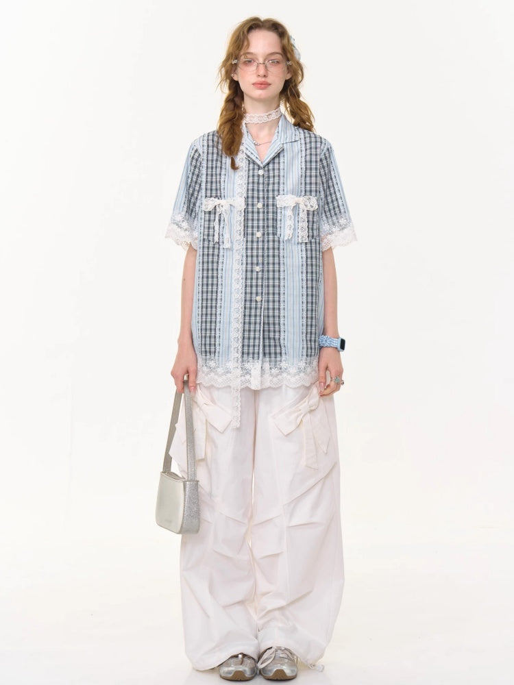 Patchwork Lace Bow Striped Plaid Short Sleeve Shirt【s0000013019】