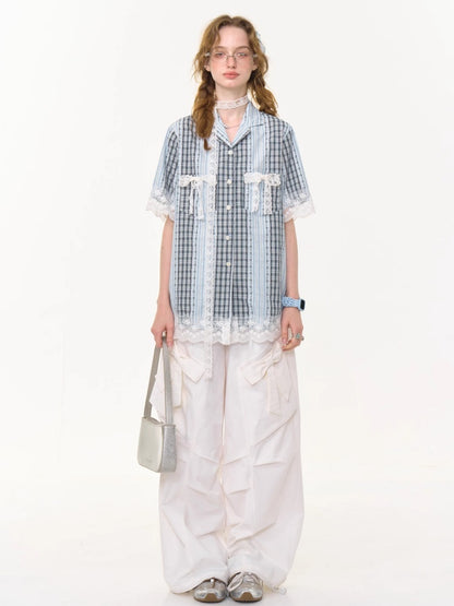 Patchwork Lace Bow Striped Plaid Short Sleeve Shirt【s0000013019】