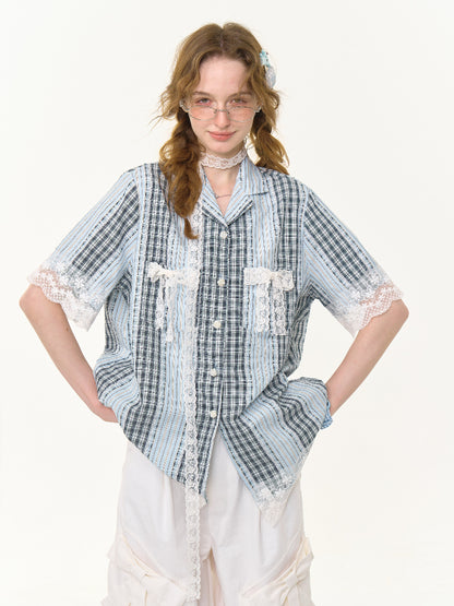 Patchwork Lace Bow Striped Plaid Short Sleeve Shirt【s0000013019】