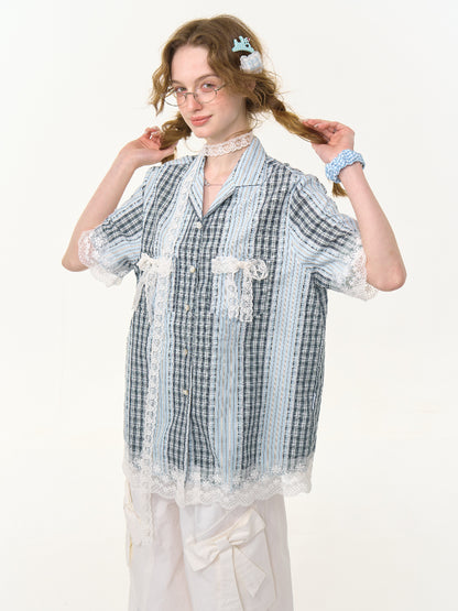 Patchwork Lace Bow Striped Plaid Short Sleeve Shirt【s0000013019】