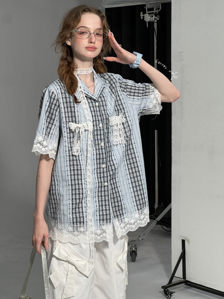 Patchwork Lace Bow Striped Plaid Short Sleeve Shirt【s0000013019】