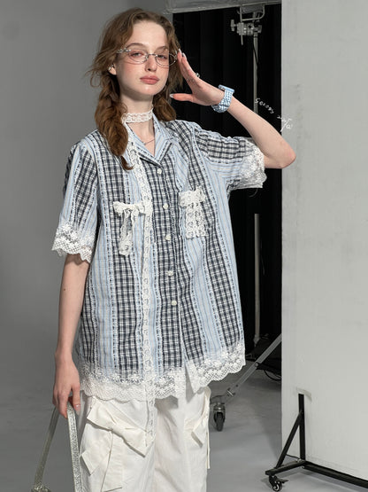 Patchwork Lace Bow Striped Plaid Short Sleeve Shirt【s0000013019】