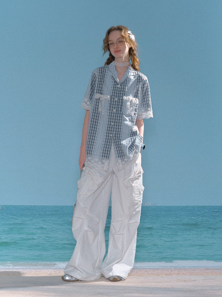Patchwork Lace Bow Striped Plaid Short Sleeve Shirt【s0000013019】
