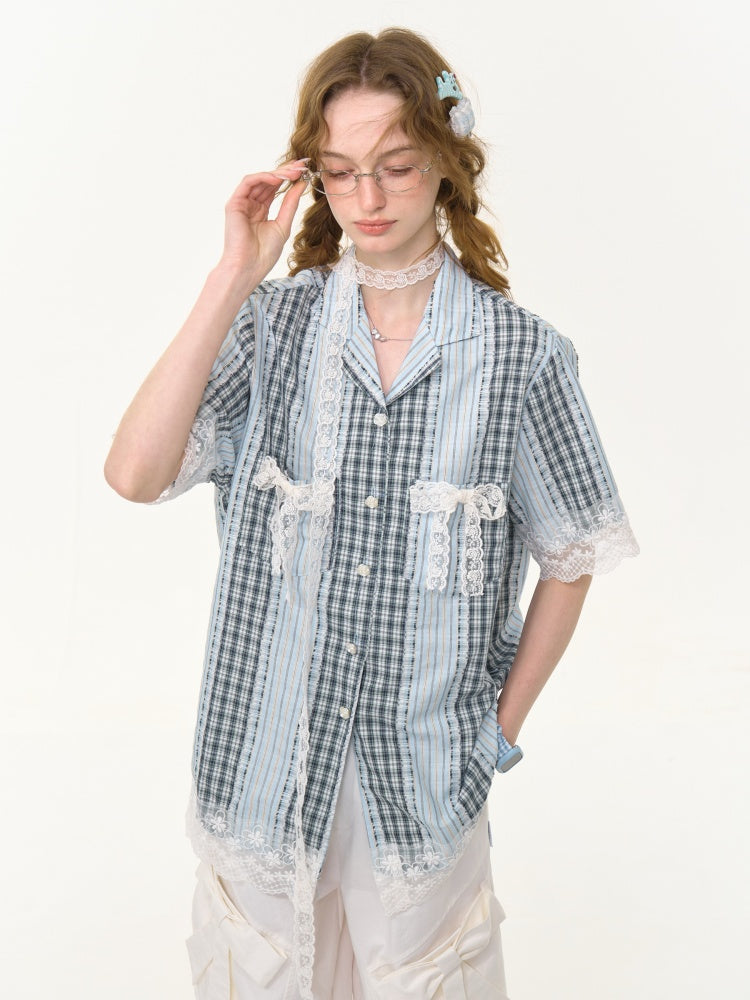 Patchwork Lace Bow Striped Plaid Short Sleeve Shirt【s0000013019】
