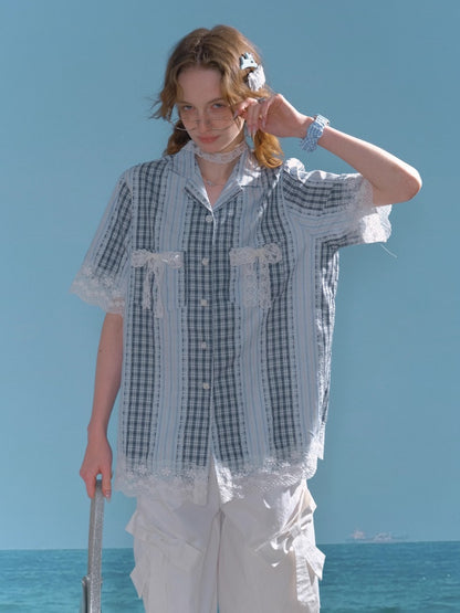 Patchwork Lace Bow Striped Plaid Short Sleeve Shirt【s0000013019】