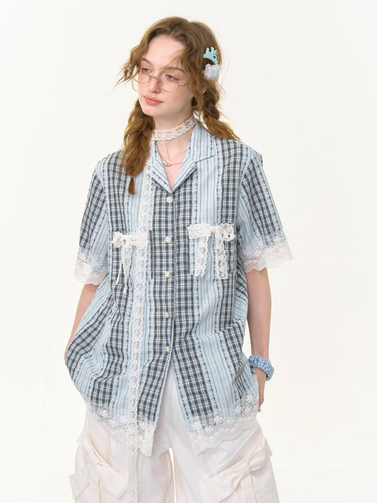 Patchwork Lace Bow Striped Plaid Short Sleeve Shirt【s0000013019】