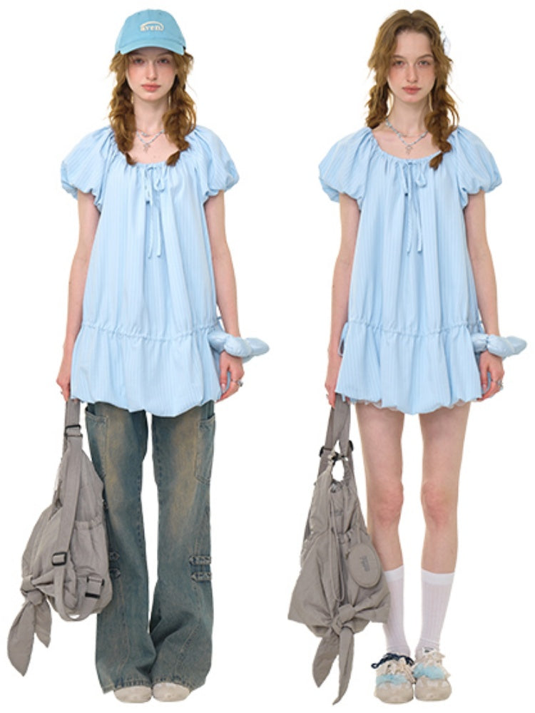 Gathered Waist Ribbon Neck Puff Sleeve Dress【s0000013020】
