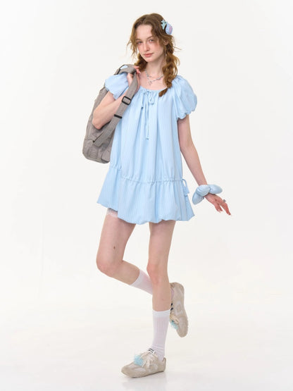 Gathered Waist Ribbon Neck Puff Sleeve Dress【s0000013020】