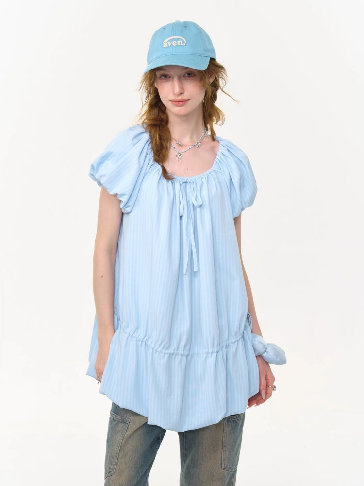 Gathered Waist Ribbon Neck Puff Sleeve Dress【s0000013020】