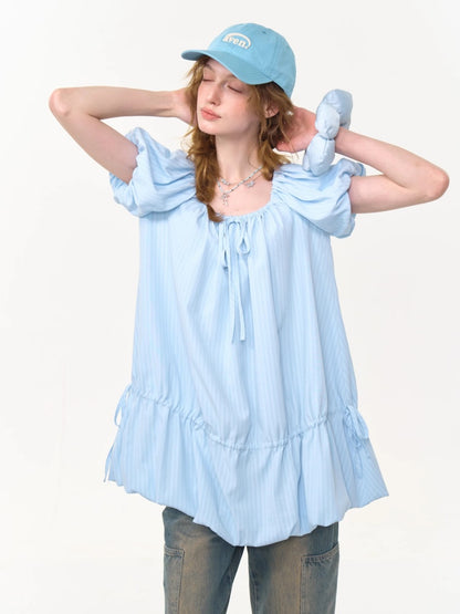 Gathered Waist Ribbon Neck Puff Sleeve Dress【s0000013020】