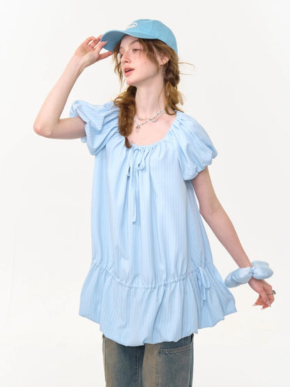 Gathered Waist Ribbon Neck Puff Sleeve Dress【s0000013020】
