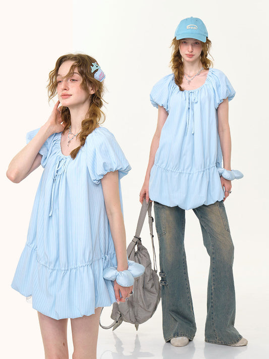 Gathered Waist Ribbon Neck Puff Sleeve Dress【s0000013020】