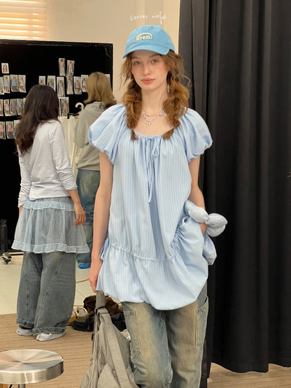 Gathered Waist Ribbon Neck Puff Sleeve Dress【s0000013020】