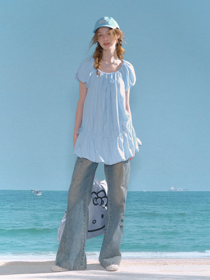 Gathered Waist Ribbon Neck Puff Sleeve Dress【s0000013020】