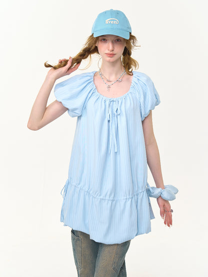 Gathered Waist Ribbon Neck Puff Sleeve Dress【s0000013020】