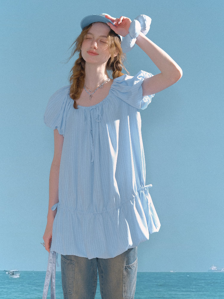 Gathered Waist Ribbon Neck Puff Sleeve Dress【s0000013020】