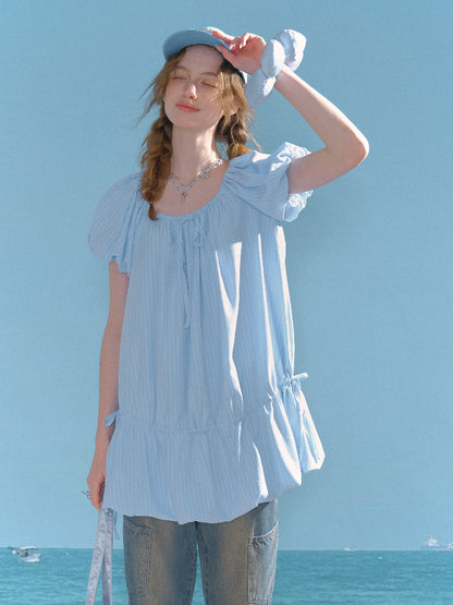 Gathered Waist Ribbon Neck Puff Sleeve Dress【s0000013020】