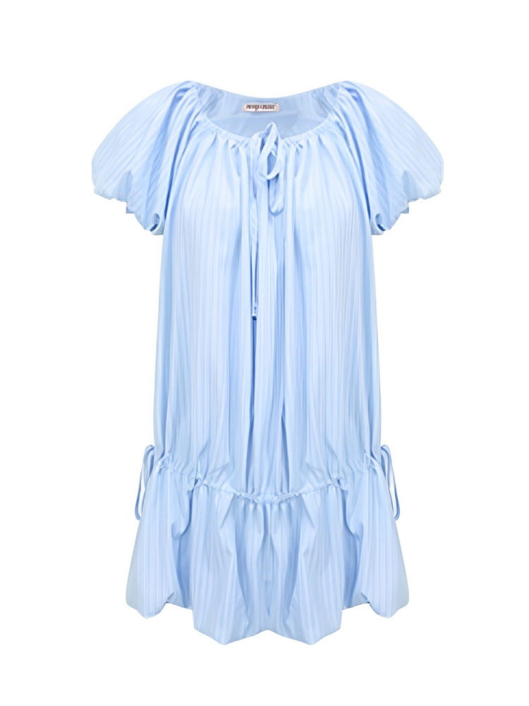 Gathered Waist Ribbon Neck Puff Sleeve Dress【s0000013020】