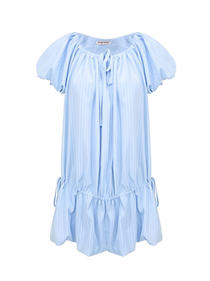 Gathered Waist Ribbon Neck Puff Sleeve Dress【s0000013020】