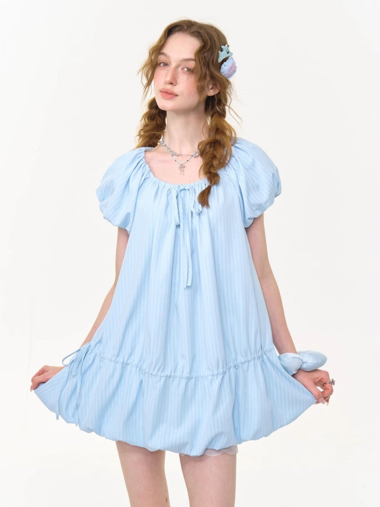 Gathered Waist Ribbon Neck Puff Sleeve Dress【s0000013020】