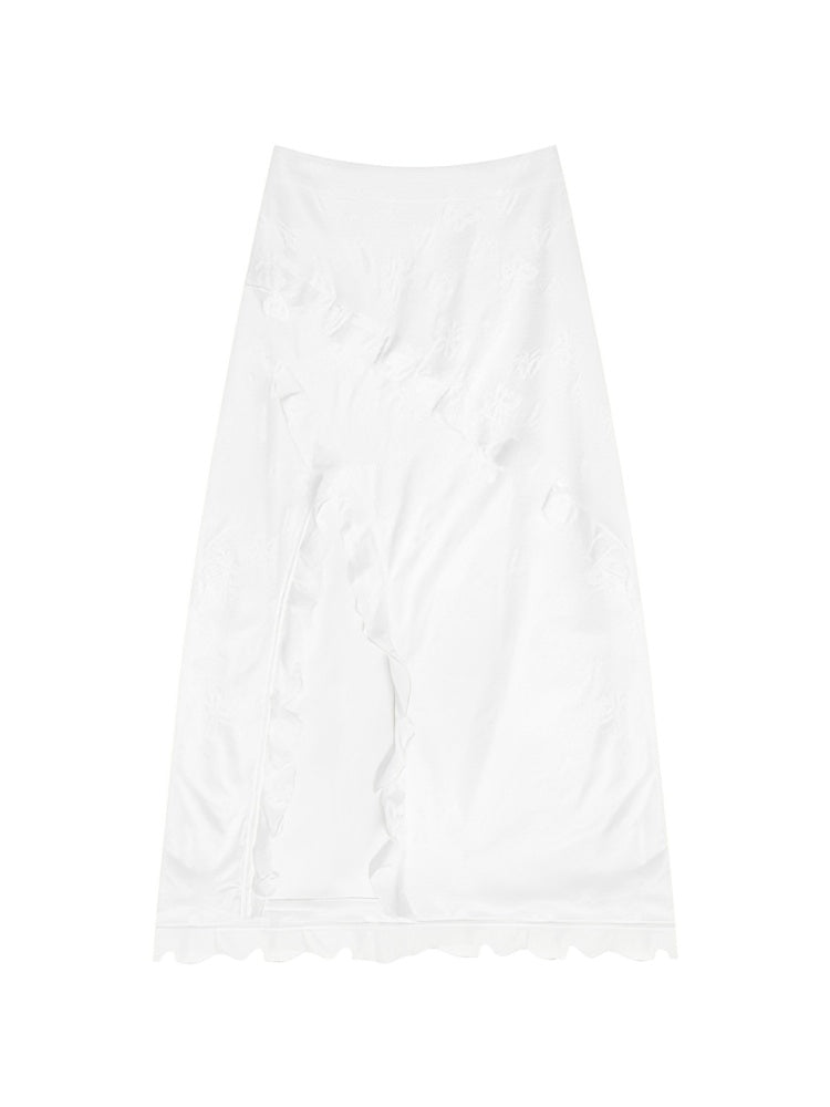 Ruffle Lace Slit High Waisted Midi Skirt【s0000013021】