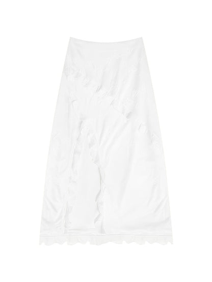 Ruffle Lace Slit High Waisted Midi Skirt【s0000013021】