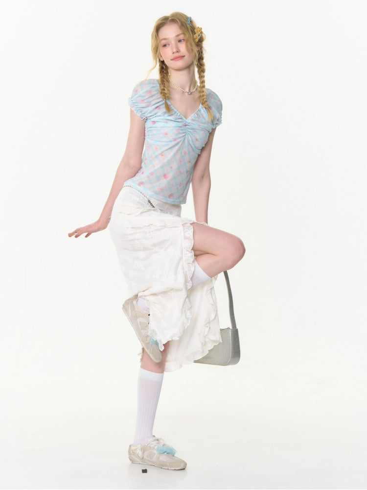 Ruffle Lace Slit High Waisted Midi Skirt【s0000013021】