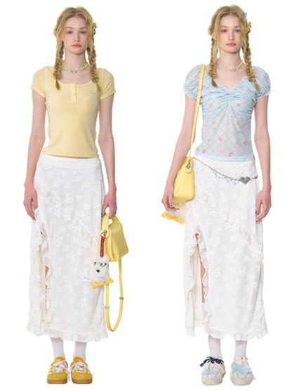 Ruffle Lace Slit High Waisted Midi Skirt【s0000013021】
