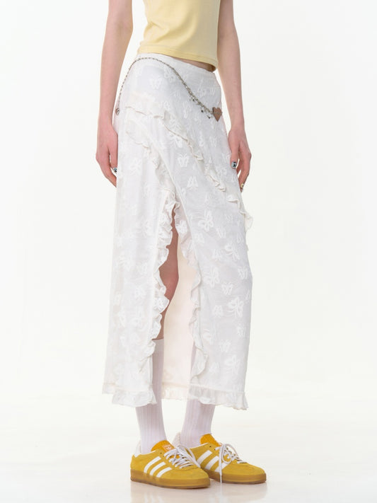 Ruffle Lace Slit High Waisted Midi Skirt【s0000013021】