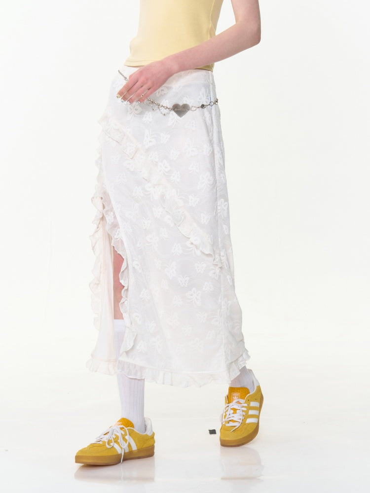 Ruffle Lace Slit High Waisted Midi Skirt【s0000013021】