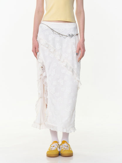Ruffle Lace Slit High Waisted Midi Skirt【s0000013021】