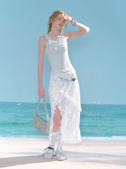 Ruffle Lace Slit High Waisted Midi Skirt【s0000013021】