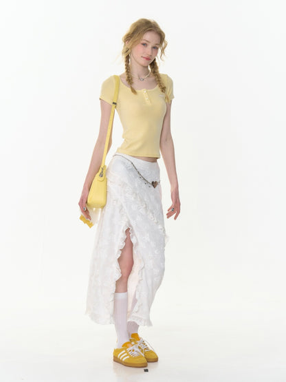 Ruffle Lace Slit High Waisted Midi Skirt【s0000013021】