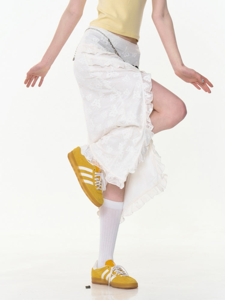 Ruffle Lace Slit High Waisted Midi Skirt【s0000013021】