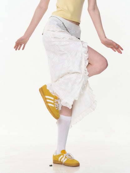 Ruffle Lace Slit High Waisted Midi Skirt【s0000013021】