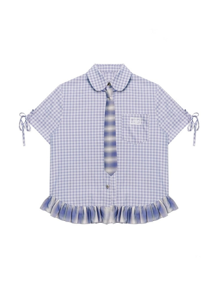 Ruffle Hem Plaid Tie Doll Collar Short Sleeve Shirt【s0000013022】