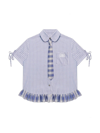 Ruffle Hem Plaid Tie Doll Collar Short Sleeve Shirt【s0000013022】