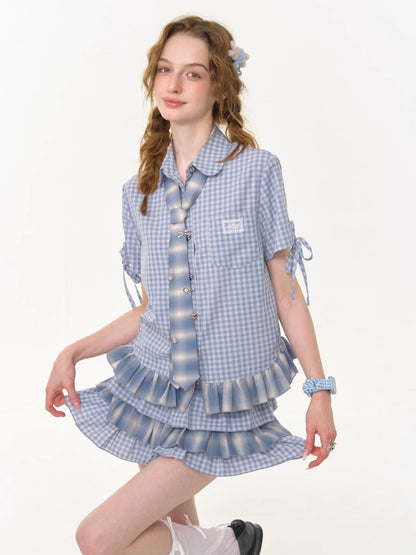 Ruffle Hem Plaid Tie Doll Collar Short Sleeve Shirt【s0000013022】