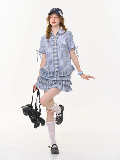 Ruffle Hem Plaid Tie Doll Collar Short Sleeve Shirt【s0000013022】