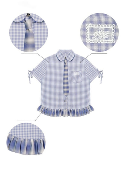 Ruffle Hem Plaid Tie Doll Collar Short Sleeve Shirt【s0000013022】