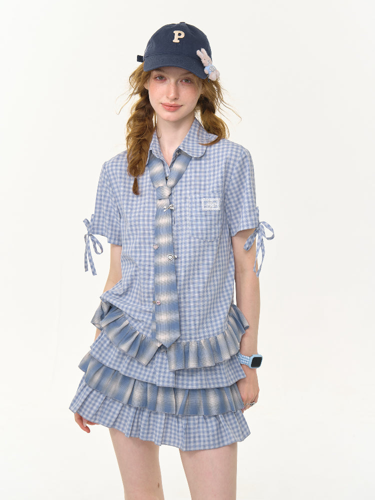 Ruffle Hem Plaid Tie Doll Collar Short Sleeve Shirt【s0000013022】