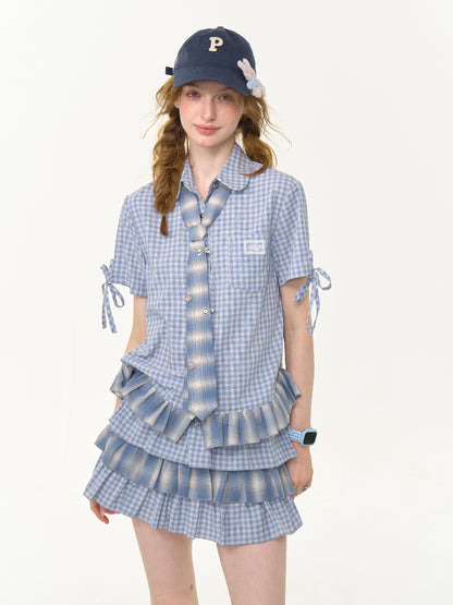 Ruffle Hem Plaid Tie Doll Collar Short Sleeve Shirt【s0000013022】