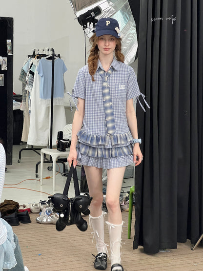 Ruffle Hem Plaid Tie Doll Collar Short Sleeve Shirt【s0000013022】