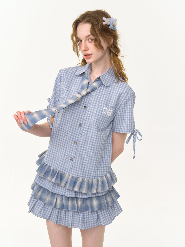 Ruffle Hem Plaid Tie Doll Collar Short Sleeve Shirt【s0000013022】
