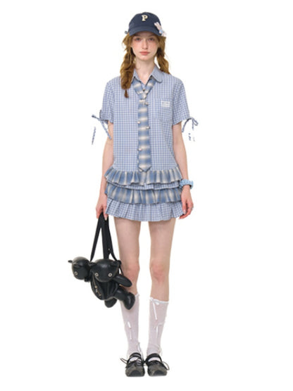 Ruffle Hem Plaid Tie Doll Collar Short Sleeve Shirt【s0000013022】