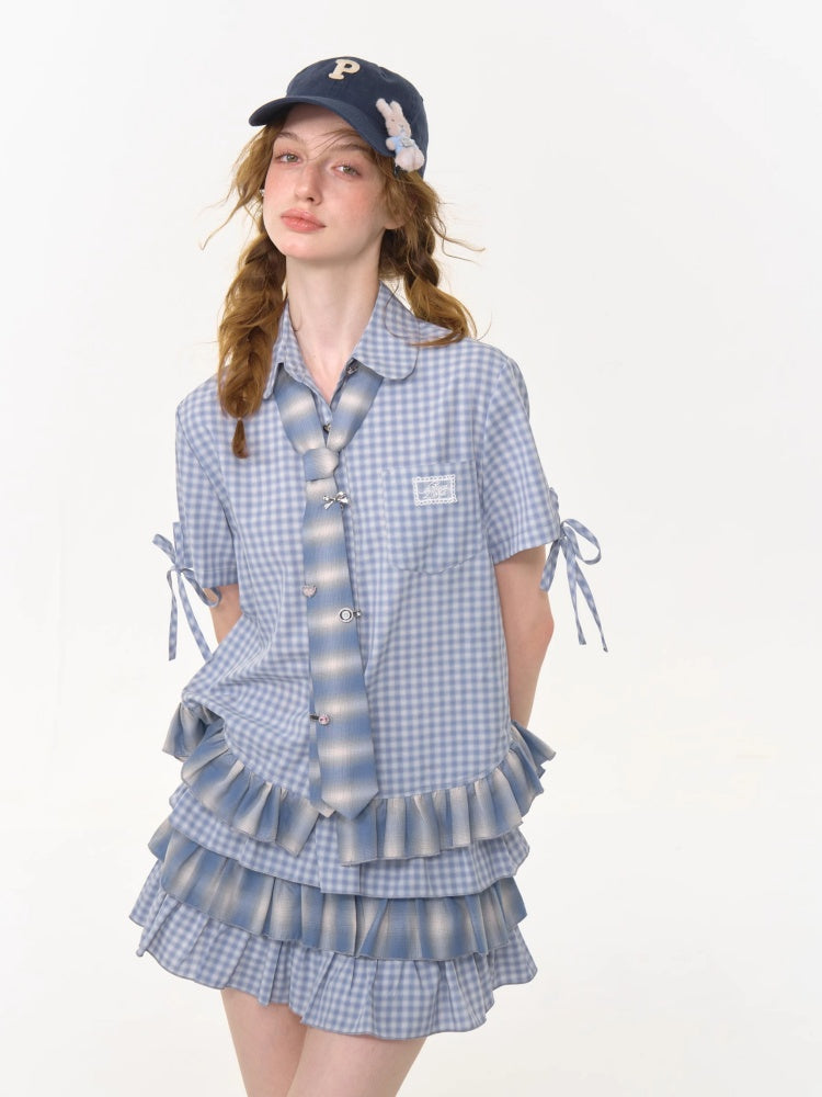Ruffle Hem Plaid Tie Doll Collar Short Sleeve Shirt【s0000013022】