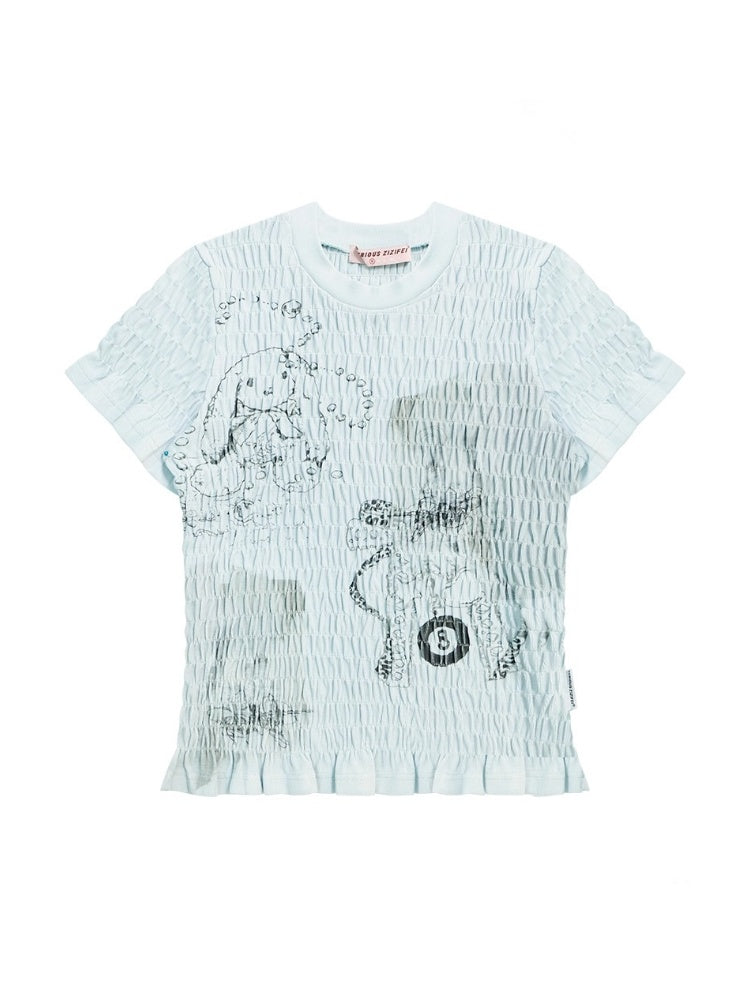 Rabbit Print Shirring Mellow Round Neck Short Sleeve T-Shirt【s0000013024】
