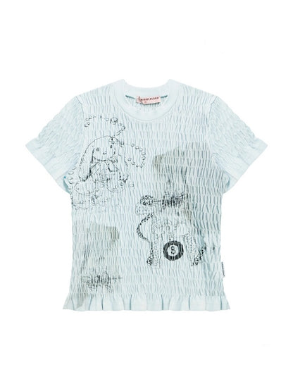 Rabbit Print Shirring Mellow Round Neck Short Sleeve T-Shirt【s0000013024】