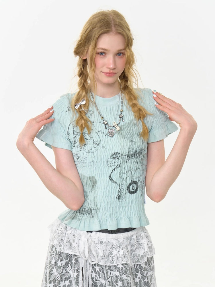 Rabbit Print Shirring Mellow Round Neck Short Sleeve T-Shirt【s0000013024】